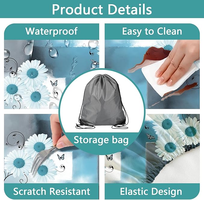 Picnic Table Cover with Bench Covers and Bag, Daisy Outdoor Waterproof Windproof Tablecloth with Elastic Edges. Camping Accessories RV Gear Campers Must Have 72x30 Inches 3 Pcs Set (Teal)