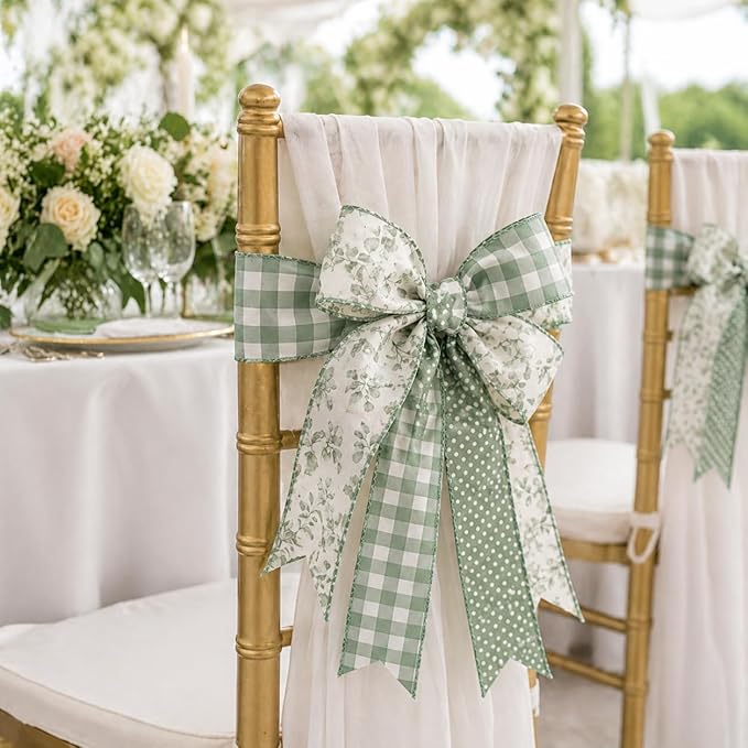 Sage Green Wired Ribbon Set, 4 Rolls 2.5 Inch Decorative Ribbon with Floral Gingham Polka Dot Leaf Designs for Wreaths, Bows, Gift Wrapping, Wedding Crafts