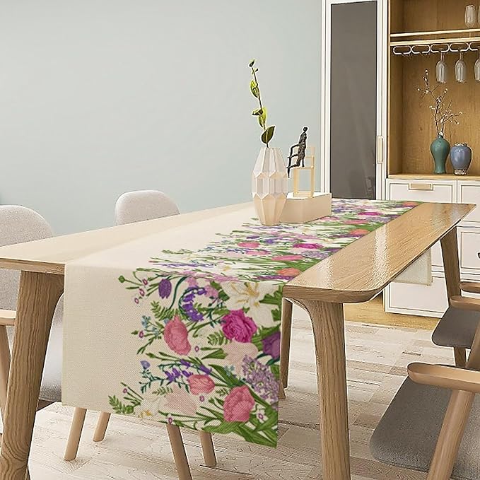Floral Table Runner,Watercolor Spring Summer Seasons Pink Purple Flowers Table Decoration for Wedding Holiday Indoor Outdoor Home Party 13x70in