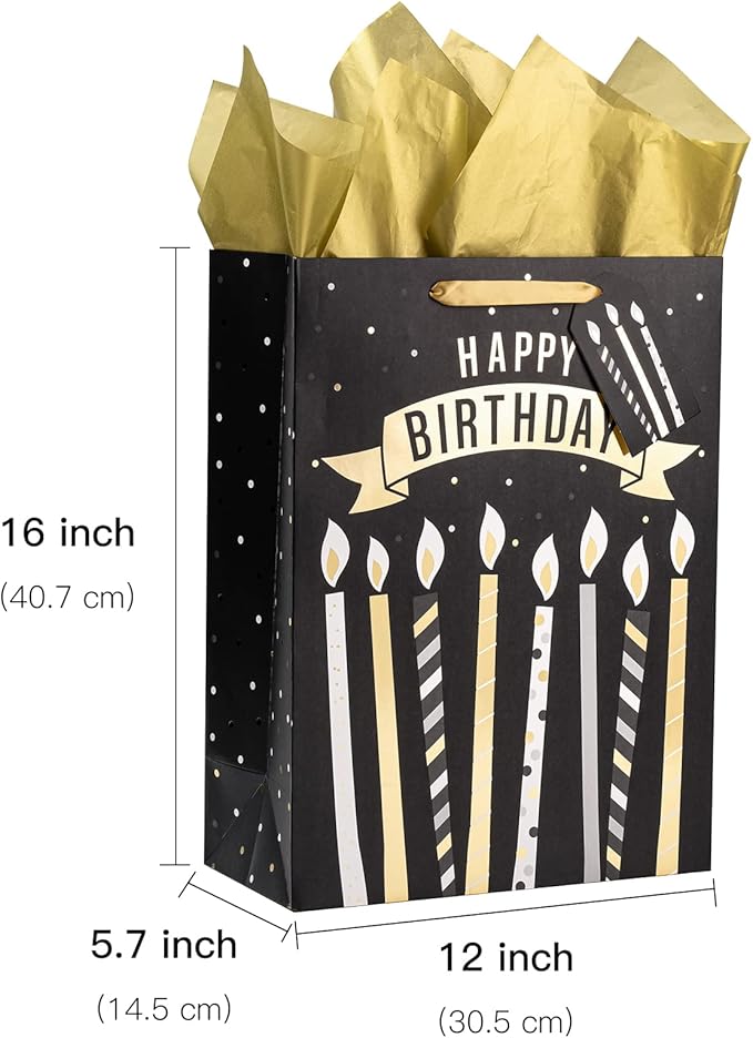 Loveinside Black and Gold Birthday Gift Bag with Tissue Paper, Gift Card for Birthday, Baby Shower, Party, and More - 12" x 16" x 5.7", 1 Pcs
