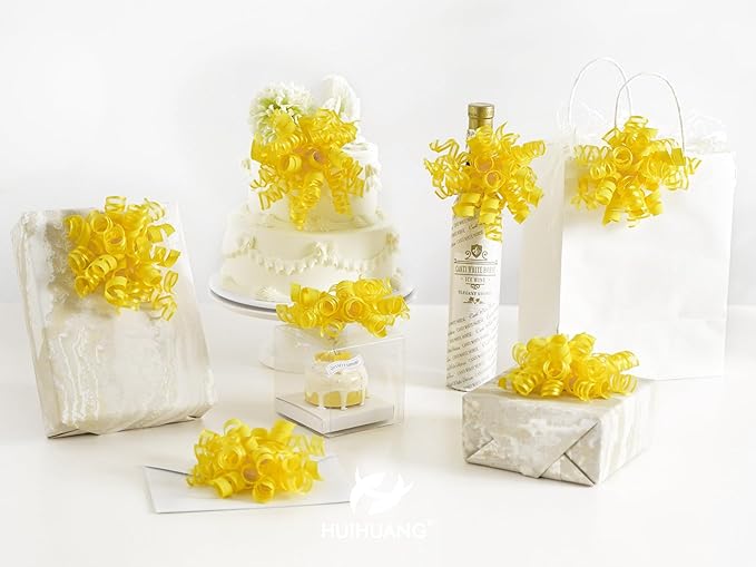 HUIHUANG Yellow Present Bows Gift Wrap Accessory Curly Ribbon Gift Bows 5 inch x 8 Counts Stick On Bows for Gift Wrapping, Paper Bag, Birthday Party Favors, Bridal Shower Wedding Decoration