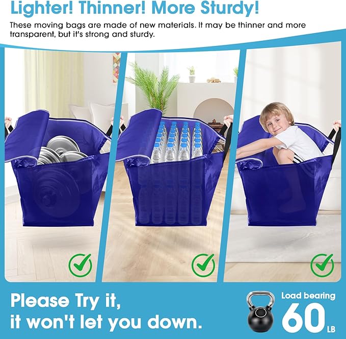 BlissTotes 8 Pack Moving Bags with Clear Window, Storage Bags with Strong Carrying Handles & Zippers,Large Packing Bags for Saving Space, Alternative to Moving Boxes(Blue,24 Gallon)