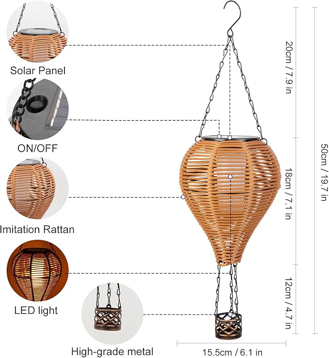 pearlstar Solar Hot Air Balloon Lantern with Flame Light Outdoor Hanging Solar Powered Lights Woven Solar Lantern Waterproof for Patio Yard Farmhouse Garden Wedding Holiday Decoration