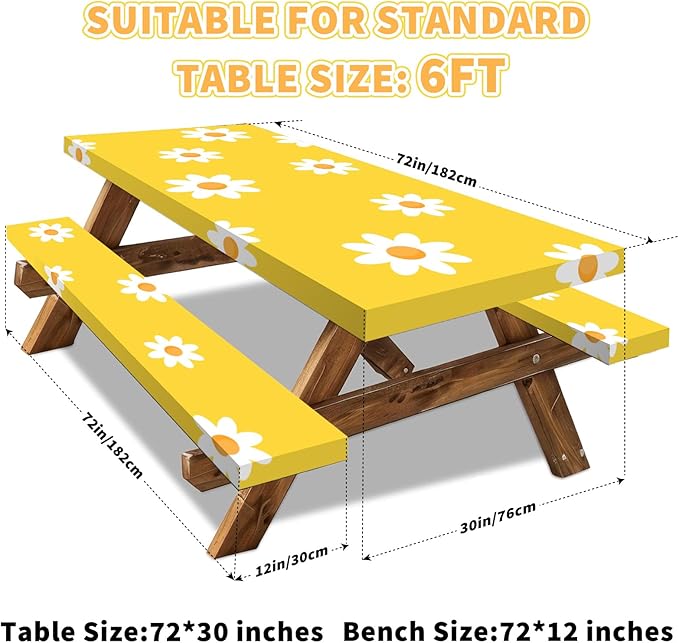 6FT Picnic Table Cover with Bench Covers Set Spring Daisy Decor Waterproof Windproof Camping Rectangle Tablecloths with Elastic Fitted Picnic Table Cover for Easter Spring Table Decor
