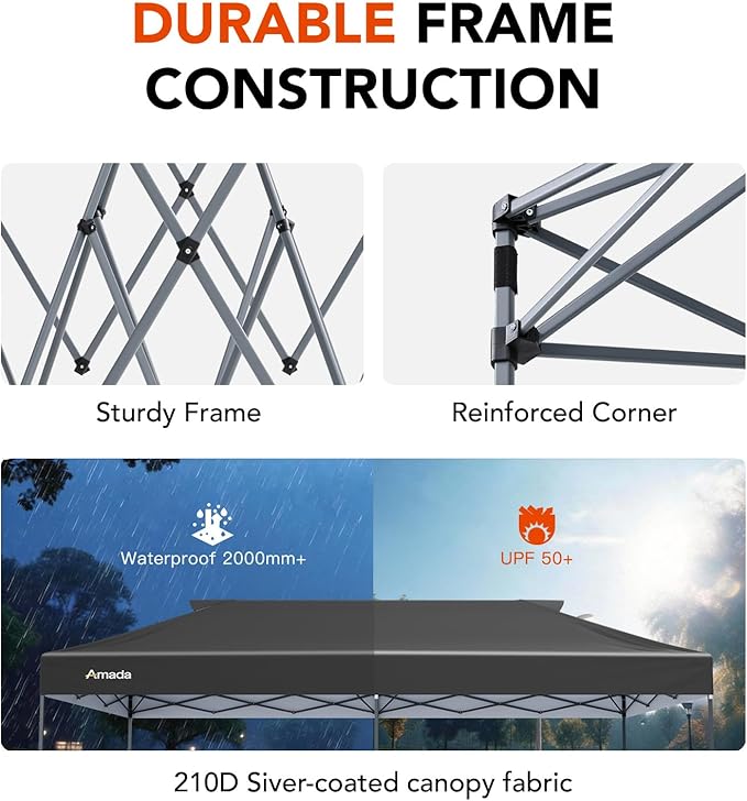 Amada 20x10 Pop Up Canopy Tent - Center Lock One Push Commercial Instant Canopies with 3-Height Adjustable & Wheeled Bag, 12 Stakes 6 Sandbags 6 Ropes, Great for Trade Shows, Events (20x10ft, Grey)