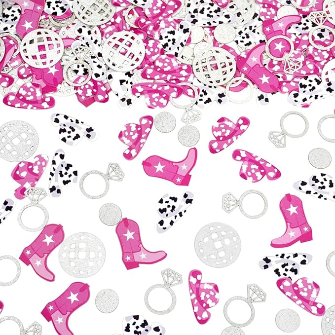 Cowgirl Disco Bachelorette Confetti, Disco Cowgirl Bachelorette Party Decorations, Glitter Disco Ball Ring and Pink Cowgirl Boot Hat Confetti for Bachelorette Bridal Shower Table Decor（100pcs）