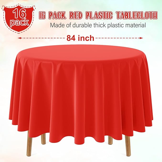 Ragnhild 16 Pack Red Plastic Tablecloth for Round Tables, Premium Decorative Red Disposable Table Cloths for Parties, Bulk Round Party Table Cover for Birthday Wedding Anniversary Graduation, 84 Inch
