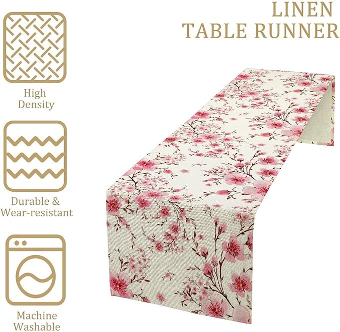 Cherry Flower Table Runner, Seasonal Spring Cherry Blossoms Branches Watercolor Floral Print Table Cover for Kitchen Dining Table Indoor Outdoor Party Decor, 13x36inch