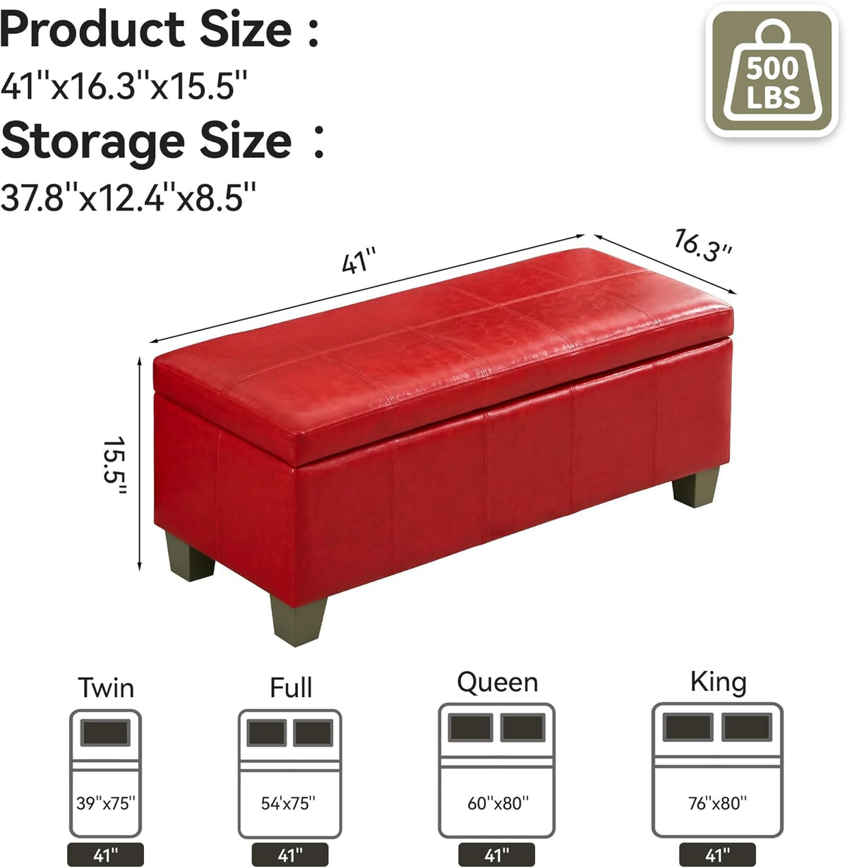 41" Faux Leather Storage Ottoman, Stitch Tufted Rectangle Upholstered End of Bed Storage Bench, Entryway Large Couch Ottoman with Wooden Legs,Red