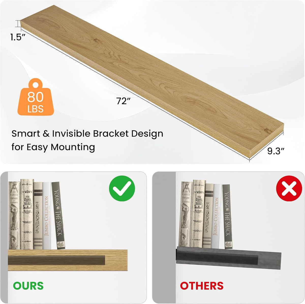 Floating Shelves for Wall, 72"W x 9.3"D x 1.5"H, Long Wooden Wall Mounted Display Shelves with Invisible Brackets for Living Room, Bedroom, Bathroom