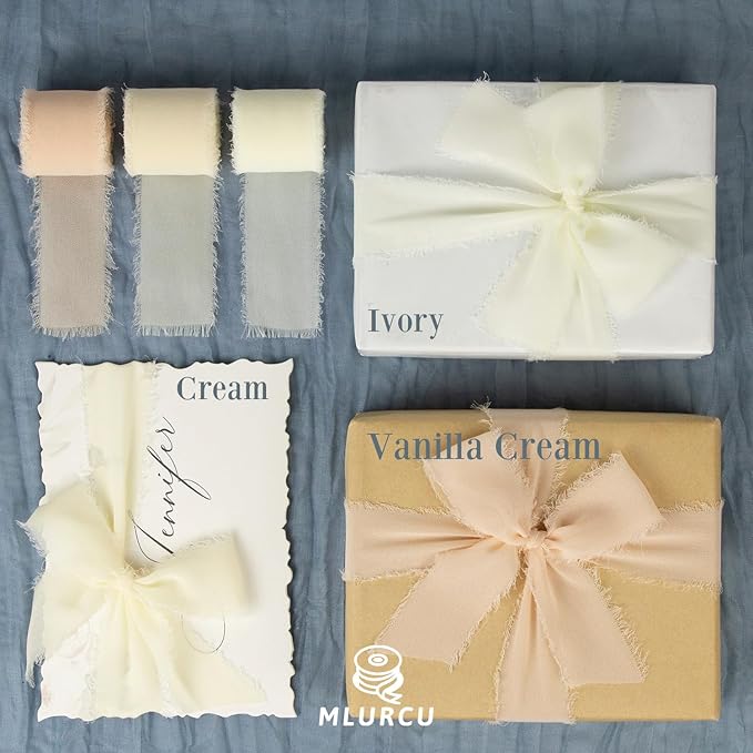 Cream Chiffon Ribbon 1-1/2 Inch x 21 Yards Handmade Fringe, Silk, Boho Frayed Ribbon - Cream for Gift Wrapping, Wedding Invitations, Bridal Flower Bouquets