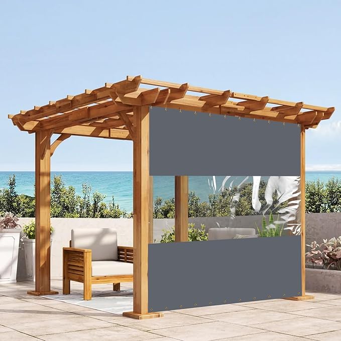 Covers & All Outdoor Clear Panel Curtain, 12 oz Vinyl Outdoor Curtains for Patio, Weather Resistant Waterproof Tarp with Brass Grommets for Pergola, Porch, Gazebos, Balcony (7'H x 4'W Feet, Gray)
