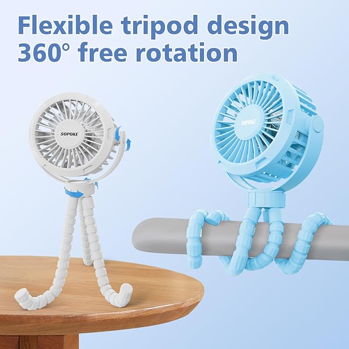 SOPOKE Mini Portable Baby Stroller Fan,3 Speed Personal Handheld Fan,Battery Operated Rechargeable 360° Flexible Tripod Cooling Fan, Suitable for Car Seat Crib Treadmill Golf Cart Travel(Green)