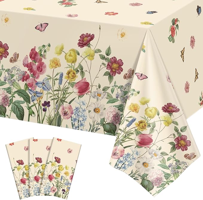 3 Pack Spring Floral Plastic Tablecloths, 54×108Inch Tea Party Tablecloth Rectangle Vintage Table Cloth Butterfly Wildflower Porcelain Table Decor for Garden Wedding Birthday Baby Bridal Shower