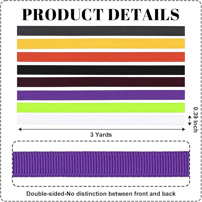 Halloween 3/8 Inch Grosgrain Ribbon Set, 8 Pack x 3 Yards (24 Yards Total), Craft Ribbon for Trick or Treat Bags Spooky Wreaths Party Favors and Fall Decor