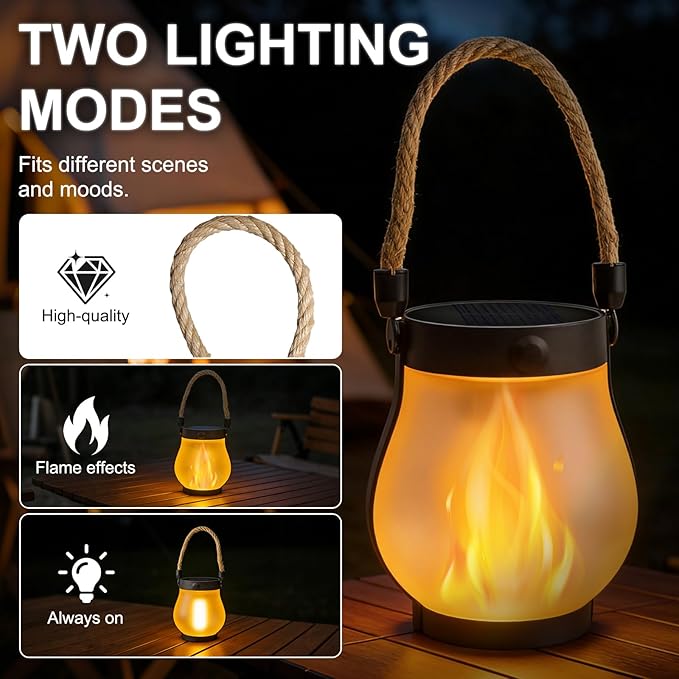 2Pack Solar Lantern Outdoor Lights, Waterproof Garden Lights with 2 Modes Dual Charging USB, Flickering Flame Hanging Lanterns Outdoor for Outside Porch Yard Garden Patio Decor