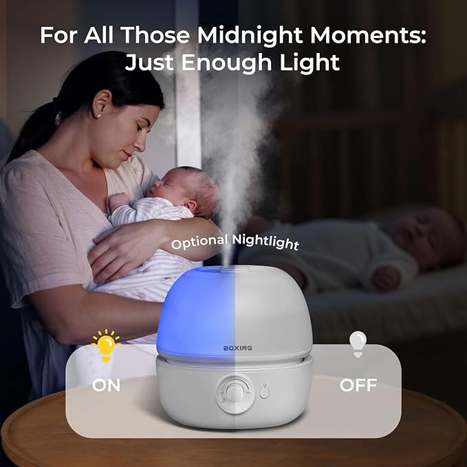 BOXING 3L Top Fill Humidifiers for Bedroom Baby, 20dB Quiet Air Humidifier for Large Room & Indoor Plants with Optional Night Light, Cool Mist Diffuser for Home, Essential Oil Tray, BPA-Free,White,30H