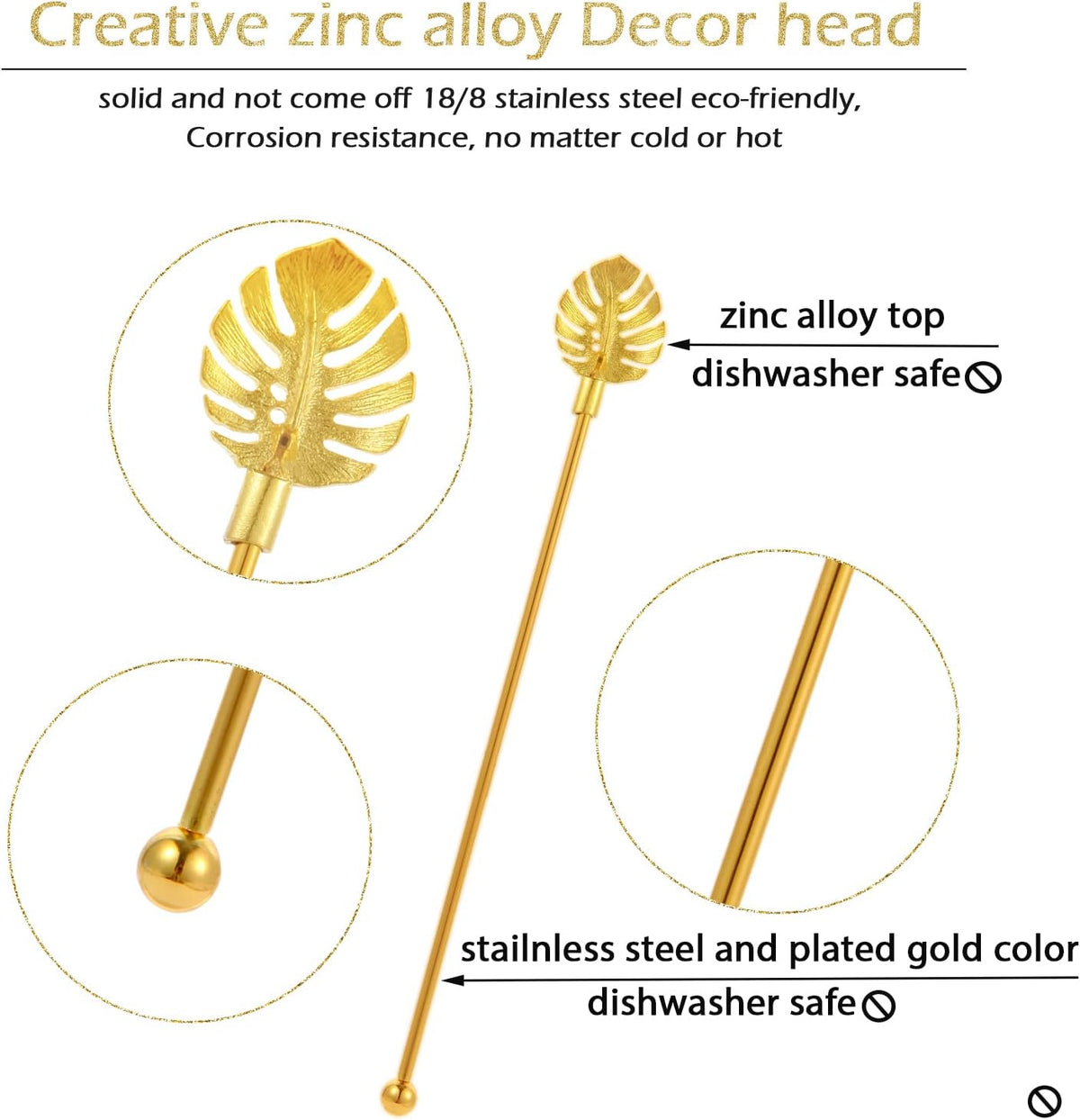 Stainless Steel Coffee Beverage Stirrers Stir Cocktail Drink Swizzle Stick with Palm leaf Metal Top,4PCS Gold stirrer