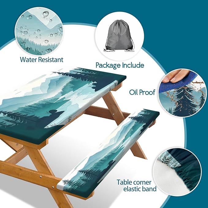 Picnic Table Cover with Bench Covers, Mountains Green Lake Tree Camping Essentials Tablecloth Fitted Rectangle Tables and Seats, Misty Landscape with Elastic Windproof Edges Picnic Table Cloth Cover