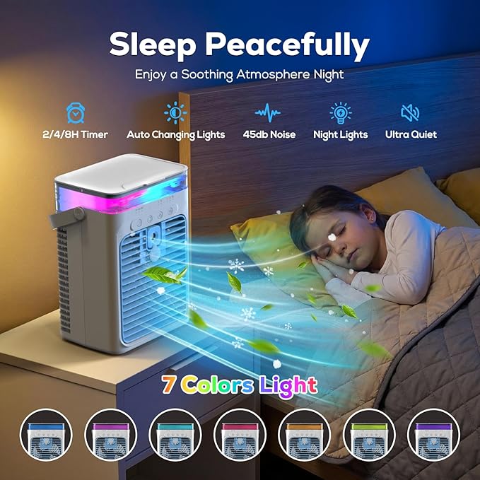 Portable Air Conditioners, Personal Evaporative Air Cooler, 3-Speed Small AC Fan, 8H Auto-off, Mini Air Conditioner, Cooling Fan for Car, Desktop, Camping, Bedroom, Office (Blue)