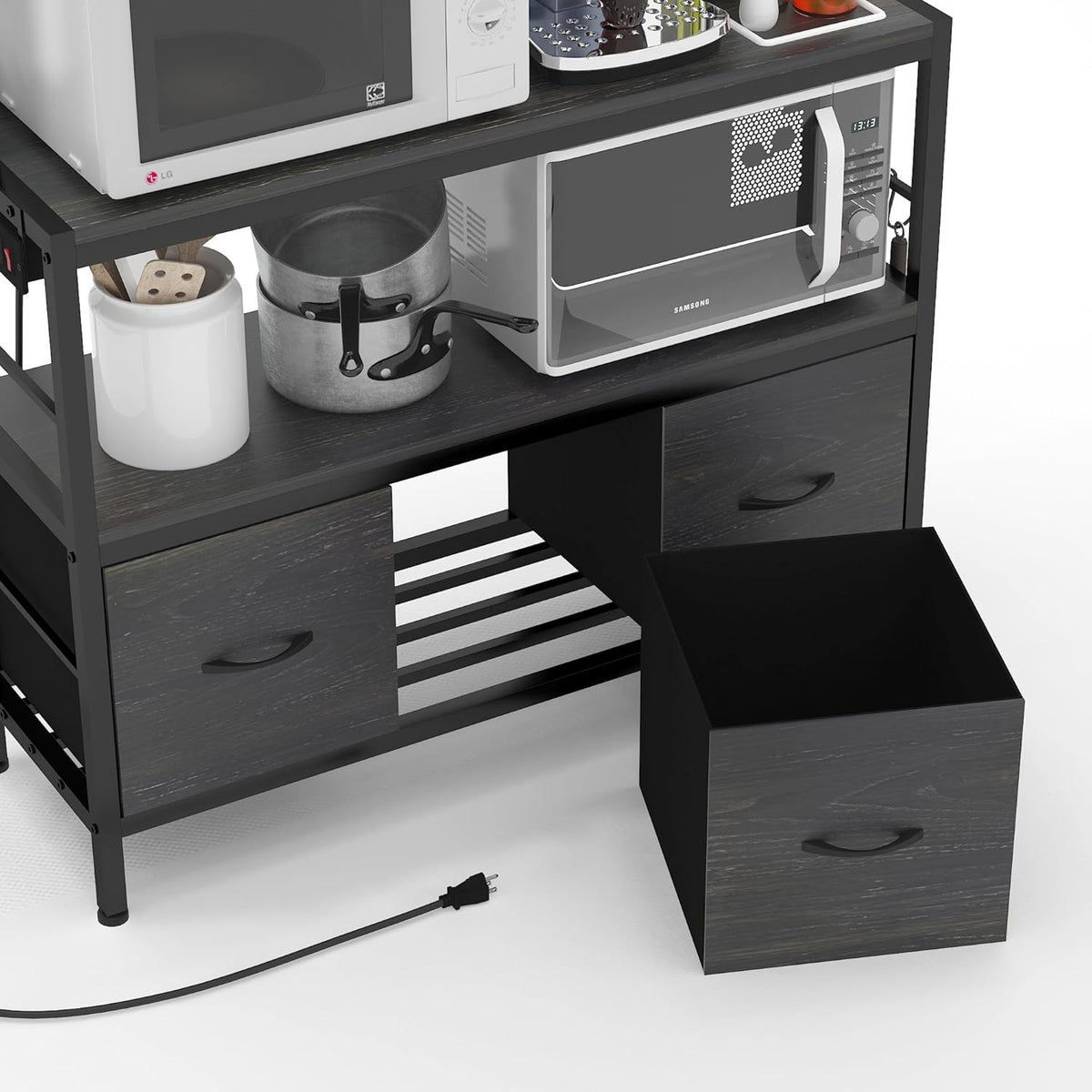 Bakers Rack with Power Outlet,5-Tier Free Standing Kitchen Storage Shelf Bakers Rack with Baskets,Industrial Microwave Oven Stand
