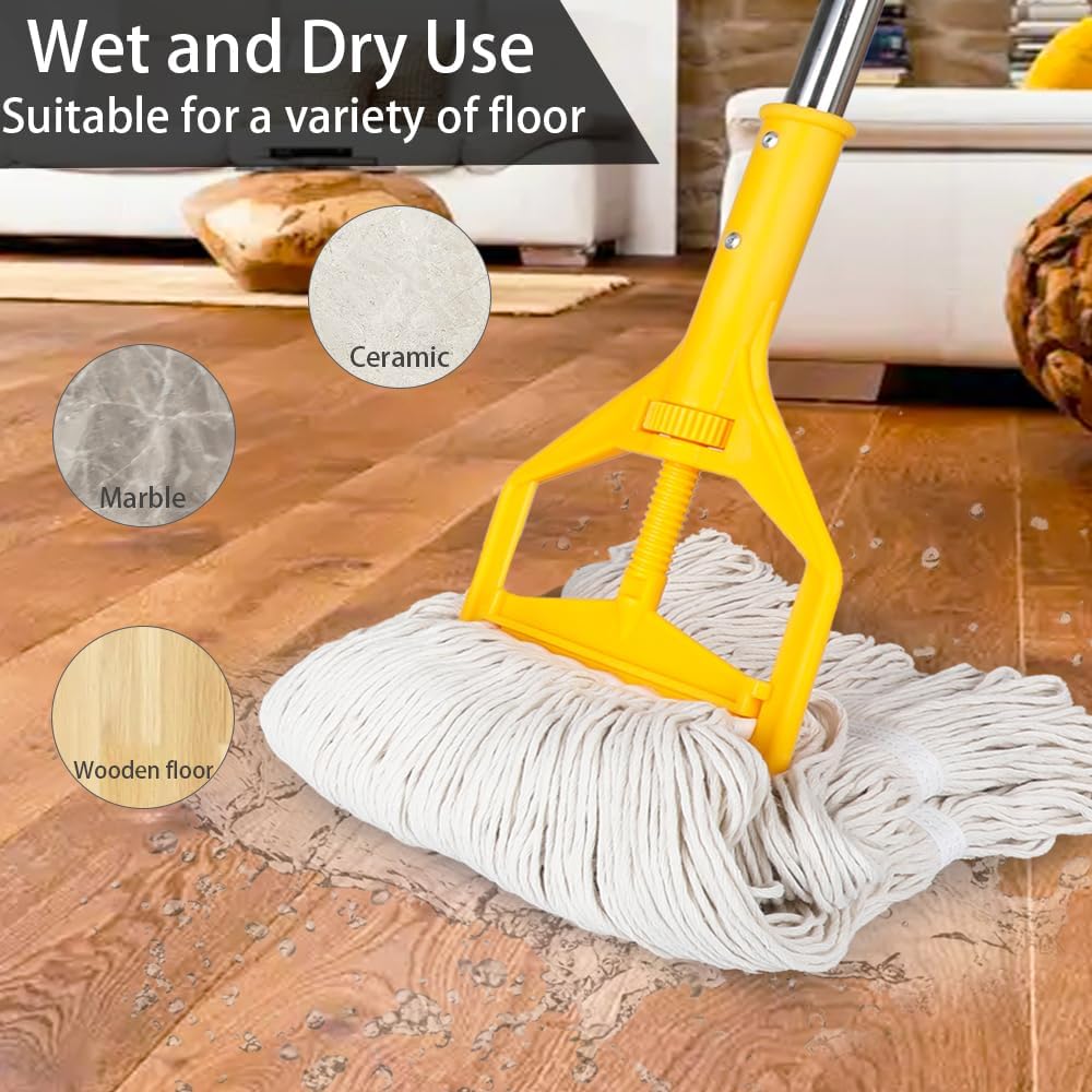 Heavy Duty Commercial Wet String Mop with 2 Reusable Heads,Long Handle Industrial Cotton Mop for Floor Cleaning,Restaurant,Home,Garage,Office,Warehouse