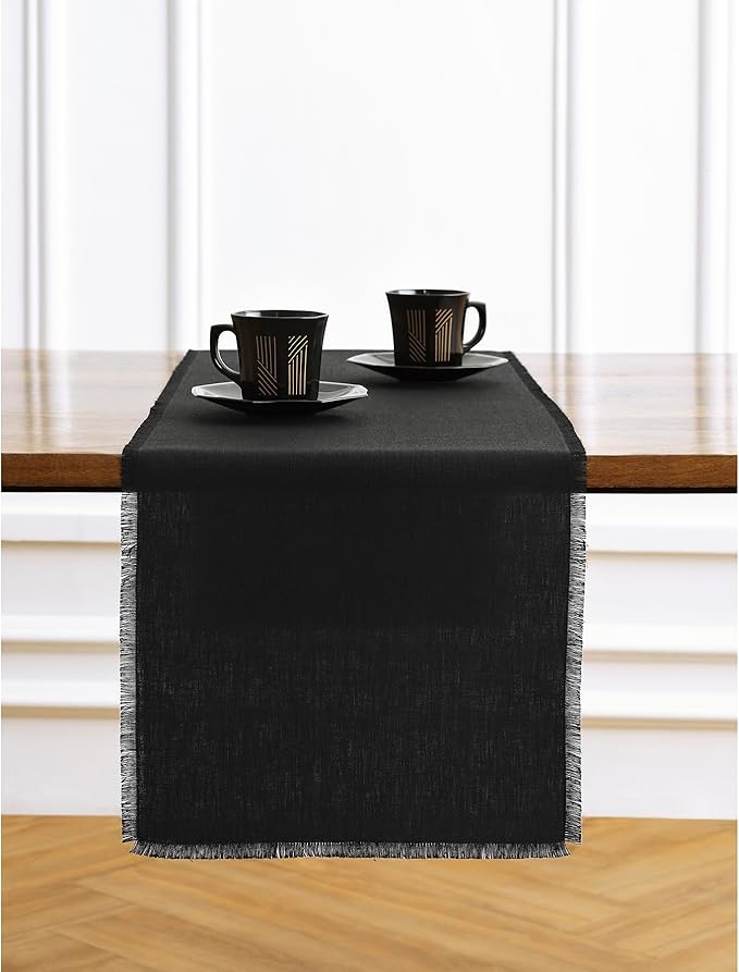 Solino Home Linen Black Table Runner 60 Inches - Fringe, 100% Pure Linen Short Table Runner 14 x 60 Inch Ideal for Dresser and Coffee Tables - Spring