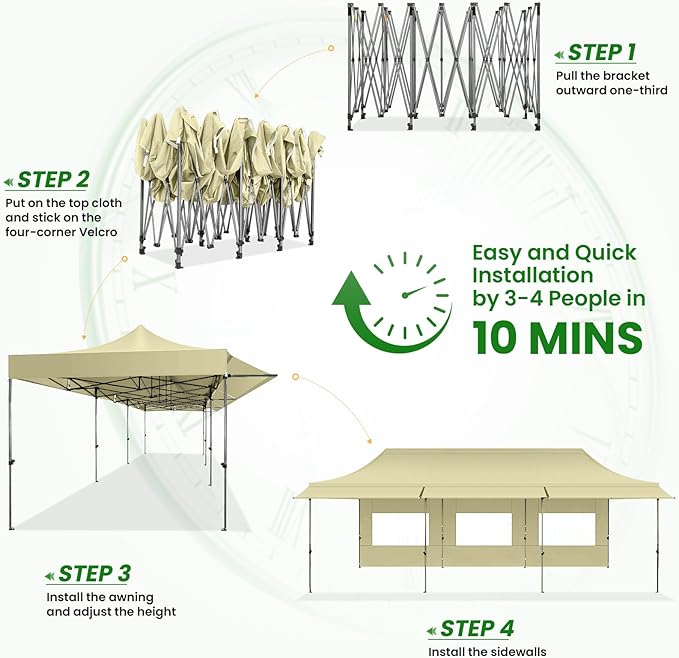 COBIZI 10X30 Pop Up Canopy Tent Heavy Duty with Sidewalls, Outdoor Commercial Canopy with Awning, Waterproof&69 SF Extended Awning, Vendor Tent for Market, Party Events, Khaki