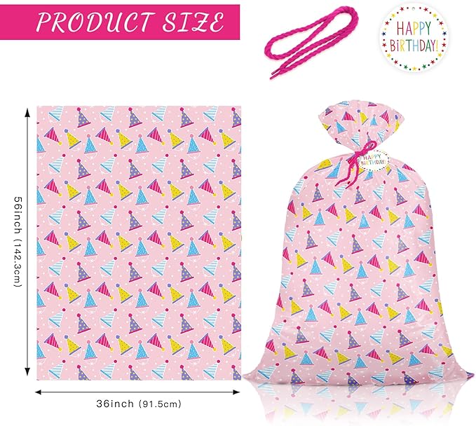 WRAPAHOLIC 56" Extra Large Birthday Plastic Gift Bag - Pink Party Hat Jumbo Bike Bag Gift Wrap for Women Girls Birthday, Baby Shower, Wedding, Bridal Shower - 56" H x 36" W