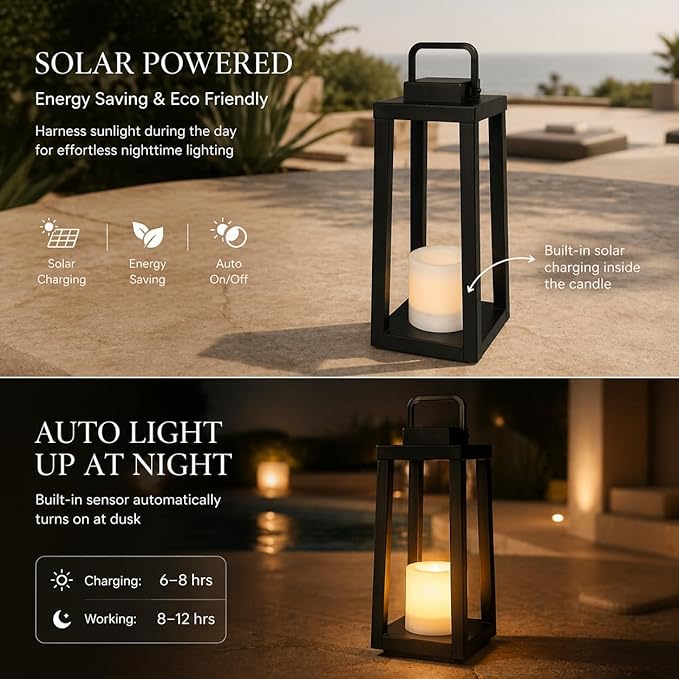 H16 Modern Outdoor Solar Lantern Black Metal Frame with Flickering LED Candle Waterproof and Portable for Patio Deck or Pathway Decorative Sconce with Warm LED