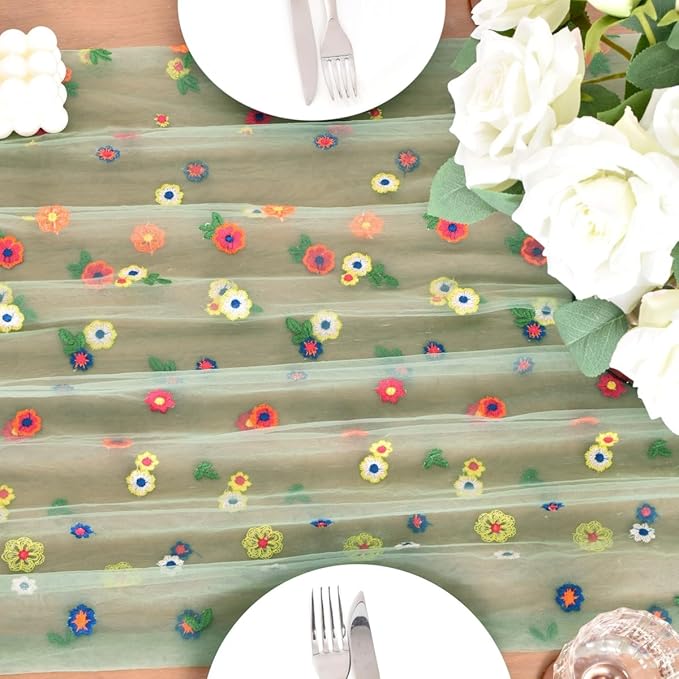 Joanlody 3pcs Sage Green Embroidery Daisy Spring Summer Table Runner Florals Seasonal Easter Tulle Table Runner Holiday Kitchen Dining Table Decoration Wedding Party
