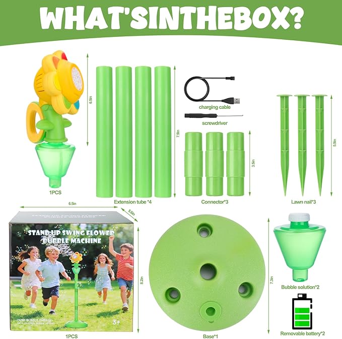 Automatic Flower Bubble Machine for Kid,Rechargeable Sun Flower Bubble Maker with Lights for Parties, 28in to 41in Adjustment Height Bubble Machine for Toddlers,Idea for Outdoor Wedding Birthday Gift
