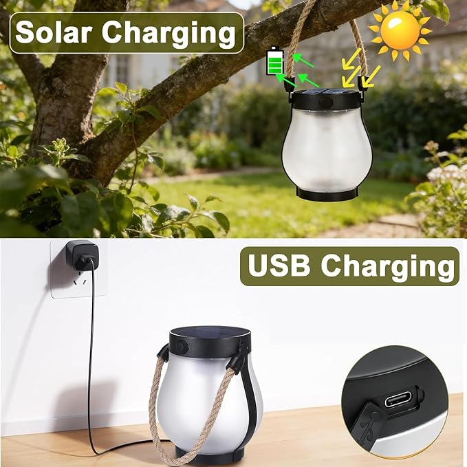 Solar Lanterns Outdoor Waterproof 2 Pack Hanging Solar Lantern with Flickering Flame, Solar Flame Lantern with USB Charging, Decorative Lanterns Lights for Yard Porch Camping Patio