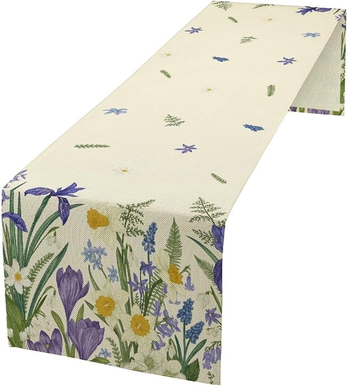 Wildflowers Table Runner,Spring Purple Floral Summer Seasons Daisy Flower Print Kitchen Dining Table Decoration for Home Farmhouse Party 13x120in