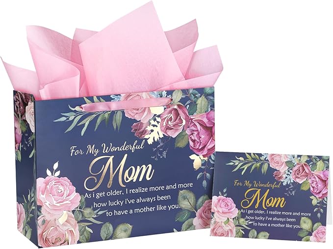 WRAPAHOLIC 13" Large Mom Birthday Gift Bag with Card and Tissue Paper - Elegant Floral and Gold Foil For My Wonderful Mom Lettering Design