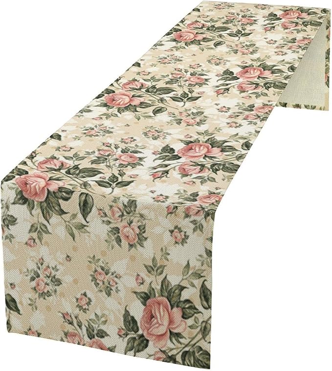 Rose Floral Table Runner,Vintage Watercolor Spring Summer Seasons Flowers Table Decoration for Wedding Holiday Indoor Outdoor Home Party 13x60in