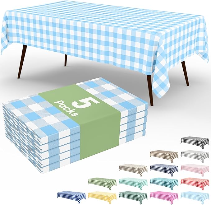 Smiry 5 Pack Baby Bule Gingham Disposable Tablecloths - 54" x 108" Heavy Duty Plastic Table Cloth, Waterproof Buffalo Plaid Table Covers for Picnic, Banquets, Parties