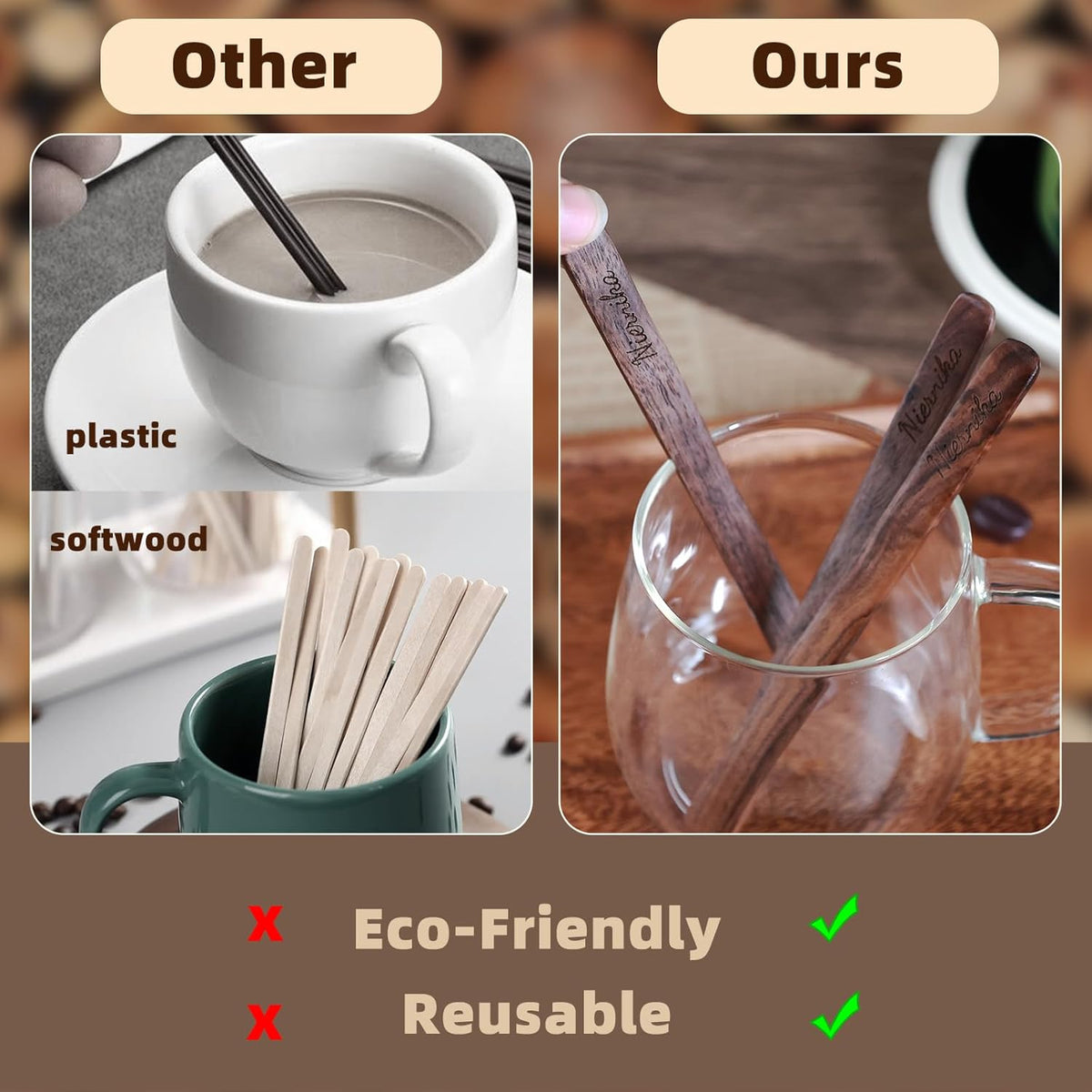 Solid Black Walnut Wood 3Pcs 6" Coffee Stirrers, Reusable & Multifunctional for Hot/Cold Beverages (Coffee, Milk, Oatmeal), Cooking & Crafts (jam