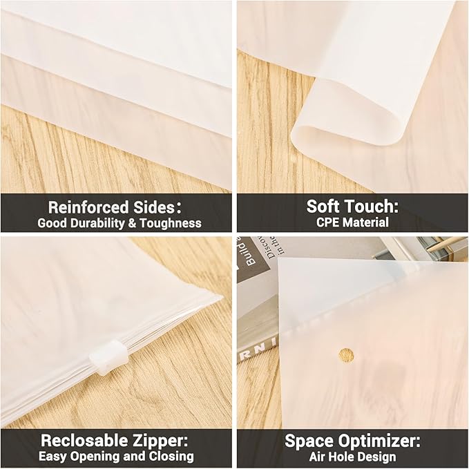 Packaging Bags, 5 Sizes 12x16" 10x13" 8x10" 12x8" 10x7" Pack of 50, 3 Mil Thick Plastic Shipping Bags for Business Clothing Packing Craft & Hobby Storage, Frosted, with Vent Hole