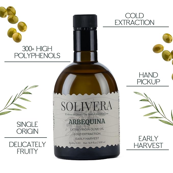 Solivera Arbequina Extra Virgin Olive Oil Cold Pressed, 300+ Polyphenols Rich, Single-Origin Organic Olive Oil, Delicately Fruity