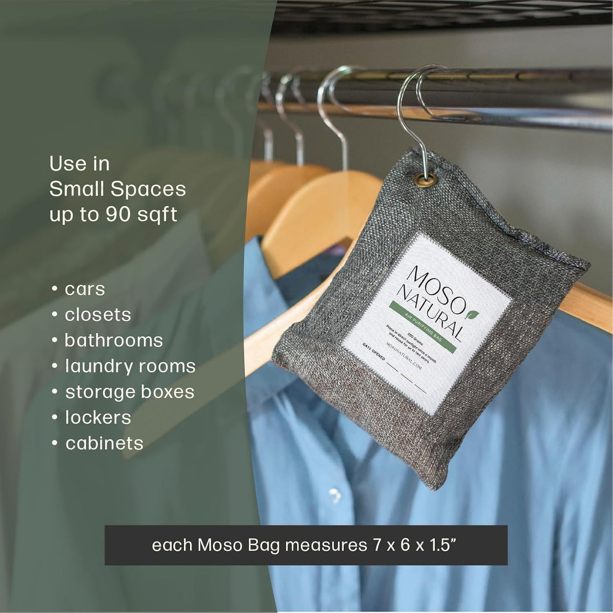 Moso Natural Air Purifying Bag 200g (5 Pack) Bamboo Charcoal Odor Absorber for Home & Car | Closet Odor Eliminator, Small Room Deodorizer & Car Air Freshener | Long Lasting Charcoal Bags Cover 90sqft