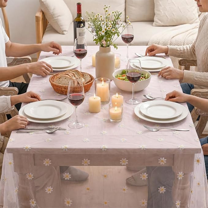 Horaldaily Pink Embroidery Daisy Spring Summer Gauze Tablecloth 60×104 Inch Rectangular, Seasonal Tulle Table Cover, Garden Party Decorations for Wedding, Party, Holiday Dining