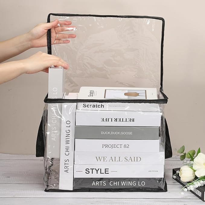 PATIKIL 12.6x9.5x9.8in Clear Storage Bags, Plastic Storage Bags Clear Small Zippered Organizers Foldable Closet Bed Sheet Organizer Cube with Zipper Handles for Book Clothes Yarn,M, White