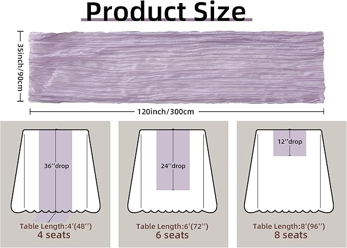 FEXIA Lilac Cheesecloth Table Runner 35x120 Inches Spring Easter Gauze Lavender Table Runners for Mother's Day Bridal Shower Wedding Party First Communion Centerpiece Engagement Decoration