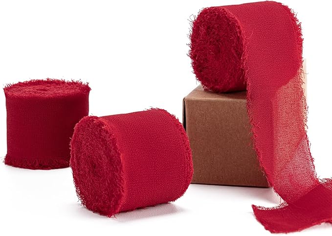 Husfunov Red Handmade Chiffon Ribbon,1.5Inch x 3 Rolls Total 24 Yards Red Fringe Chiffon Silk Ribbon,for Wrapping Wedding Invitations,Bridal Bouquets,DIY Crafts,Home Decor and More