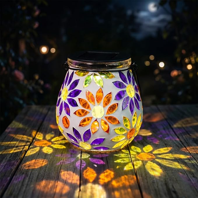 Afirst Mosaic Solar Lanterns Outdoor - Glass Hanging Solar Lights Hollow Out Waterproof Table Lamp Outdoor Decorative for Garden, Patio, Holiday Party Outdoor Decoration