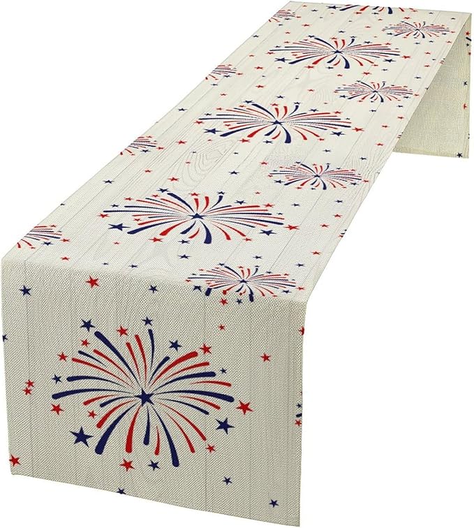 Fireworks Table Runner, 4th of July Patriotic Memorial Day American Independence Day Table Runner for Holiday Kitchen Dining Holiday 13x36in