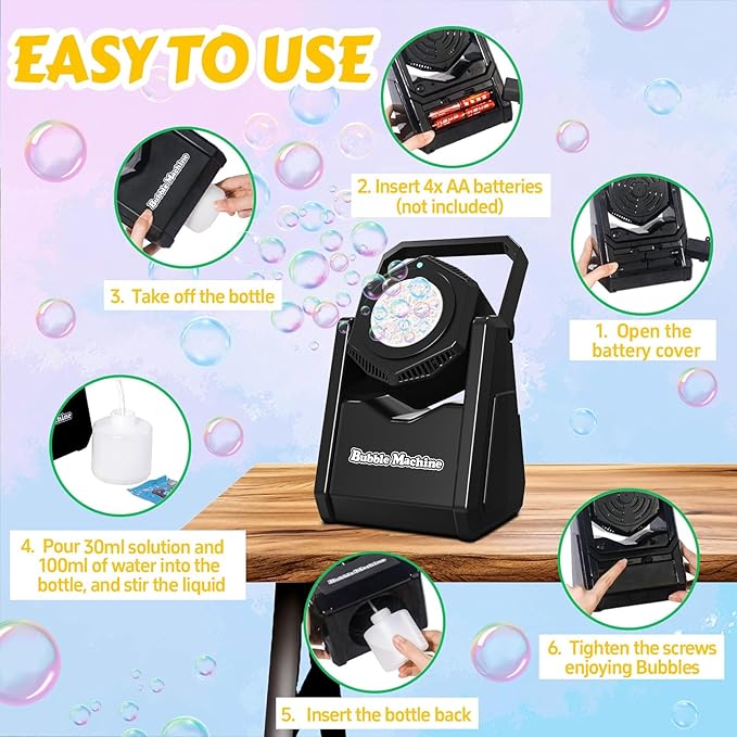 Bubble Machine, Bubble Blower for Party 90°Adjustable, Durable Automatic Bubbles Toys for Kids 20000+ Bubbles Per Mins, Bubble Maker with Bubble Concentrate Operated by Batteries for Indoor Outdoor