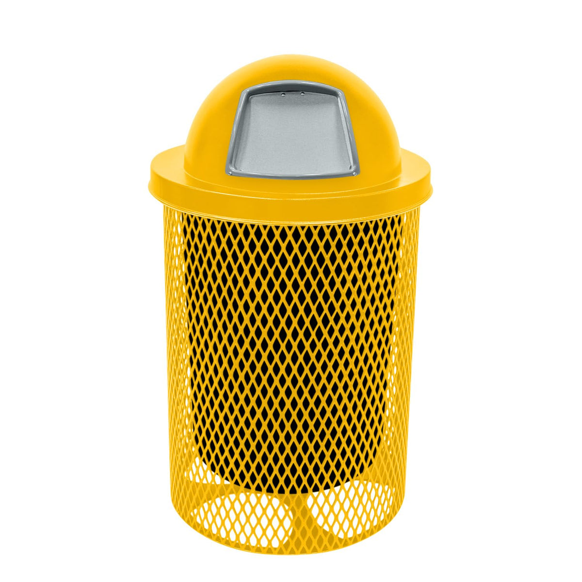 COATEDOUTDOORFURNITURE 32-Gallon Heavy-Duty Expanded Metal Round Trash Receptacle, Commercial Outdoor Waste Bin with Liner & Dome Lid – Made in America (Textured Yellow)