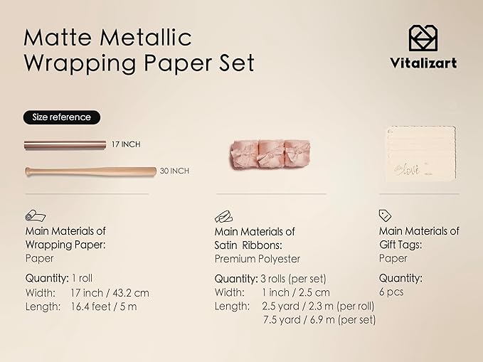 Vitalizart Pink Matte Metallic Wrapping Paper Set 17" With Silk Satin Ribbon & Gift Tags Christmas Gift Wrapping Birthday Baby Shower Wedding Bouquets Handmade Crafts 197"(16.4 Ft) Pink Ribbon